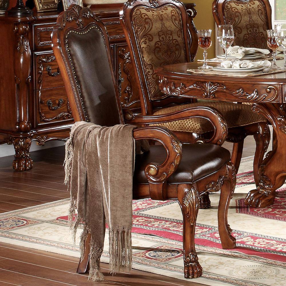 Dresden Elegance 25'' Gray Faux Leather and Wood Dining Arm Chair