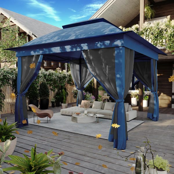 JOYSIDE 11 ft. x 11 ft. Deep Blue Steel Pop-up Gazebo with Mosquito Netting