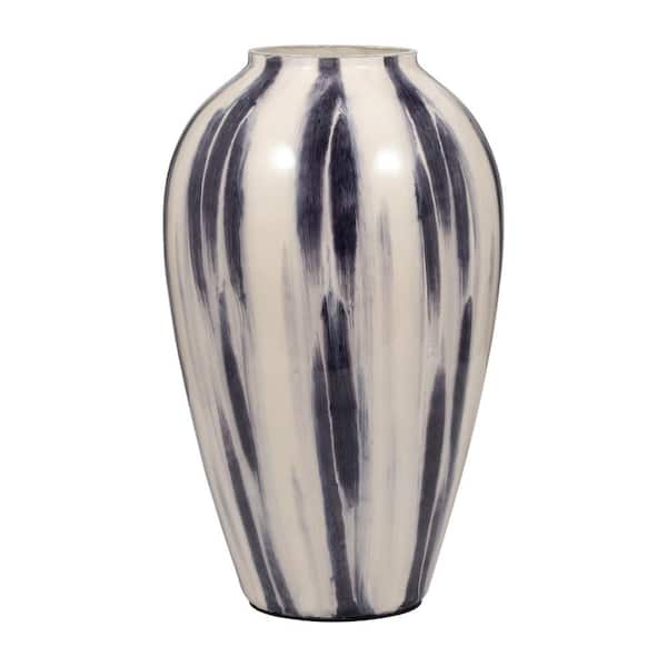 20 in. Blue Glass Cylinder Abstract Striped Pattern Decorative Vase