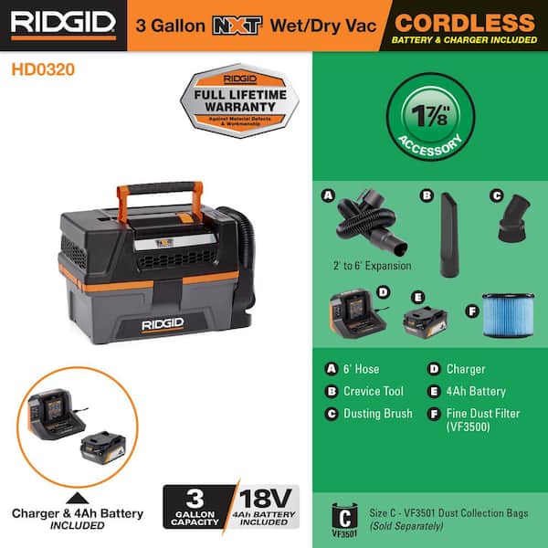 RIDGID 3 Gallon 18-Volt Cordless Handheld NXT Wet/Dry Vacuum with Battery,  Charger, Fine Dust Filter, Hose and Accessories, Grays - Yahoo Shopping