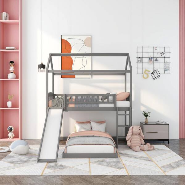 Anbazar Gray Twin Bunk Beds With Slide, Kid Bunk Bed With Slide