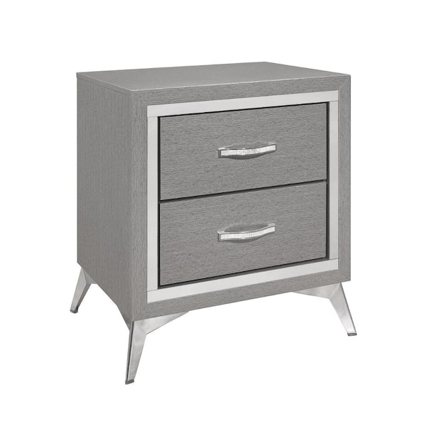 Benjara 21.54 in. Gray and Silver 2-Drawer Wooden Nightstand