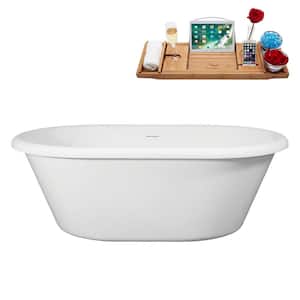 66 in. x 40 in. Acrylic Freestanding Soaking Bathtub in Glossy White with Glossy White Drain, Bamboo Tray