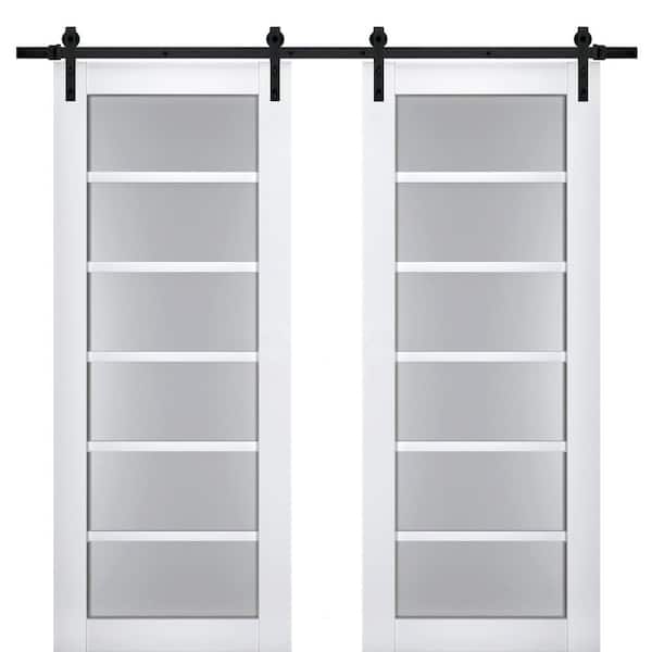 Sartodoors 18 in. x 96 in. 2 Panel Frosted Glass White Solid Wood Sliding Barn Door with Hardware Kit