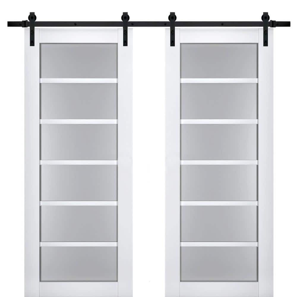Assemble Required 28 in. x 96 in. 2-Panel Frosted Glass White Solid Wood Sliding Barn Door with Hardware Kit price history on PriceWatchPro