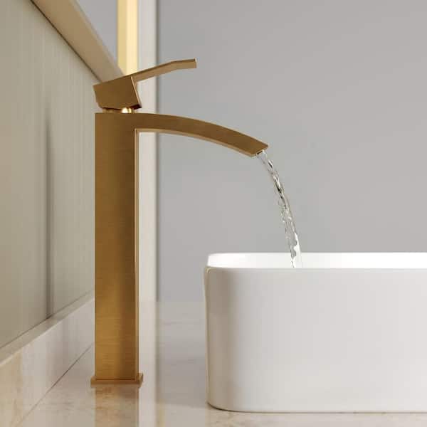 12 in. Waterfall 1-Handle Single Hole Bathroom Faucet with Pop-Up Drain and Stainless Steel 1.2 GPM in Brushed Gold