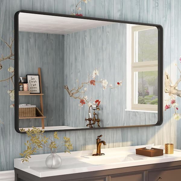 48 in. W x 36 in. H Rectangular Framed French Cleat Wall Mounted Tempered Glass Bathroom Vanity Mirror in Matte Black