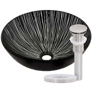 Godere Round Glass Vessel Sink Hand Painted in Black and Silver with Pop-Up Drain in Brushed Nickel