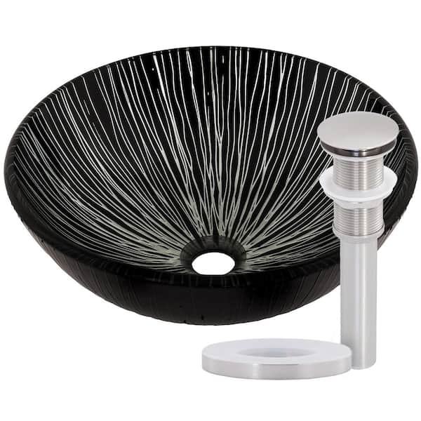 Novatto Godere Round Glass Vessel Sink Hand Painted in Black and Silver with Pop-Up Drain in Brushed Nickel