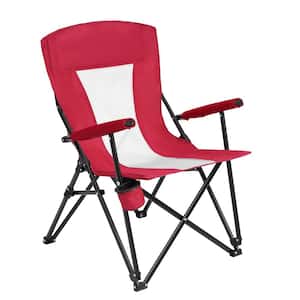 Red Metal Folding Lawn Chair, Camping Arm Chair, Folding Camping Chair for Picnic, with Cup Holder and Carry Bag