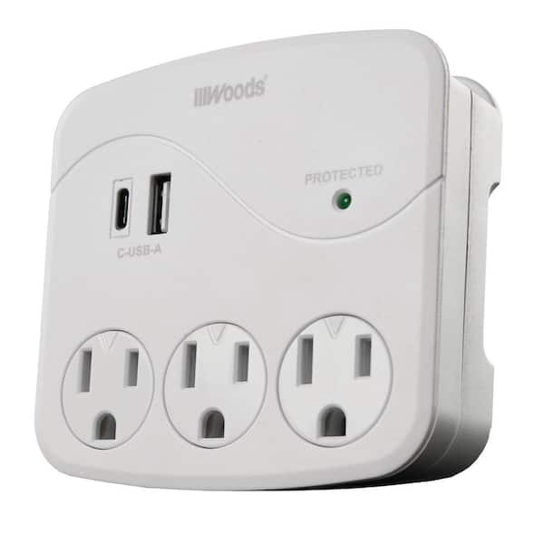 Woods 3- Outlet Surge Wall Tap with Phone Cradle and USB ports