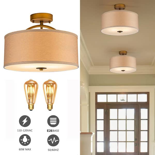 OUKANING 15 in. 2-Light Modern Brown Semi-Flush Mount Ceiling