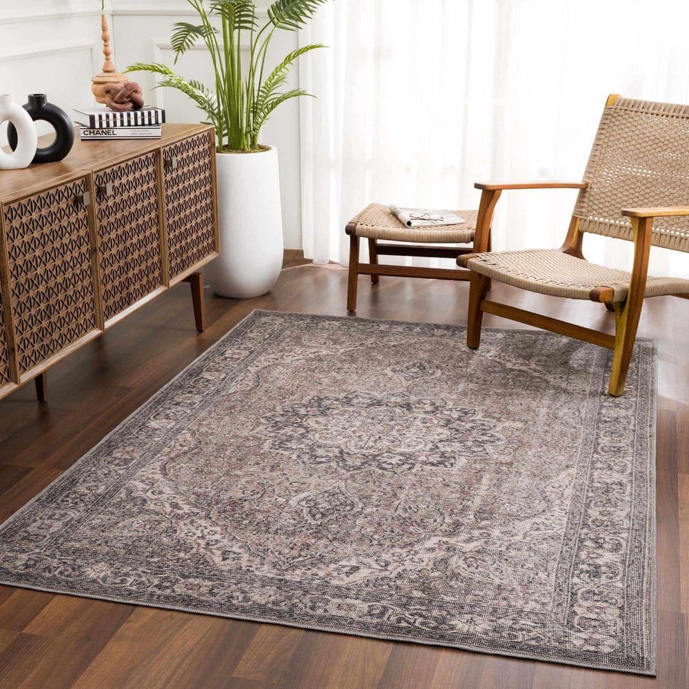 Chenille-Cotton Blend Black Medallion Washable Rug 6'7" x 9'
