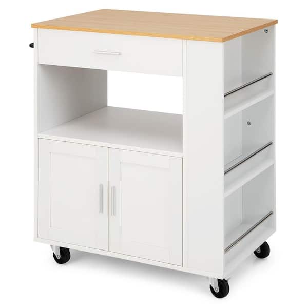 Costway Kitchen Island Cart Rolling Storage Cabinet w/Drawer & Spice Rack Shelf White