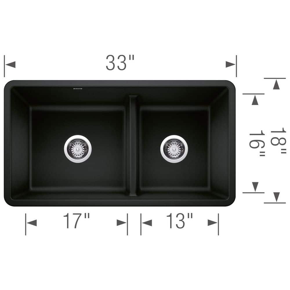 Coal Black 33" Granite Composite Double Bowl Undermount Kitchen Sink