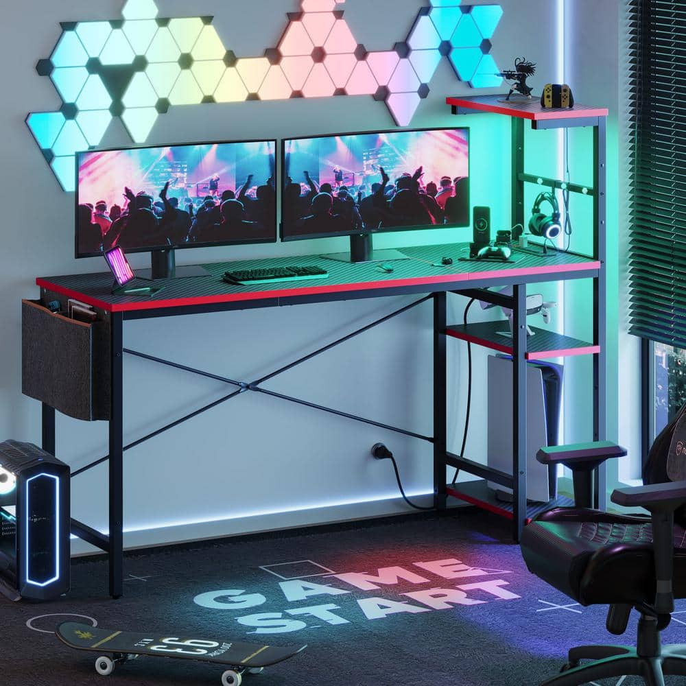 Black Carbon Fiber Gaming Desk with Reversible Shelves and Power Outlets