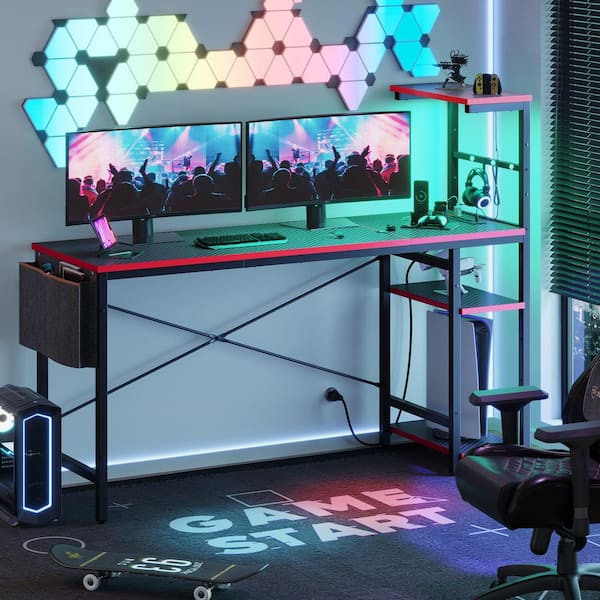Bestier Reversible 44 inch Computer Desk with LED Lights Gaming Desk with 4  Tier Shelves Black 