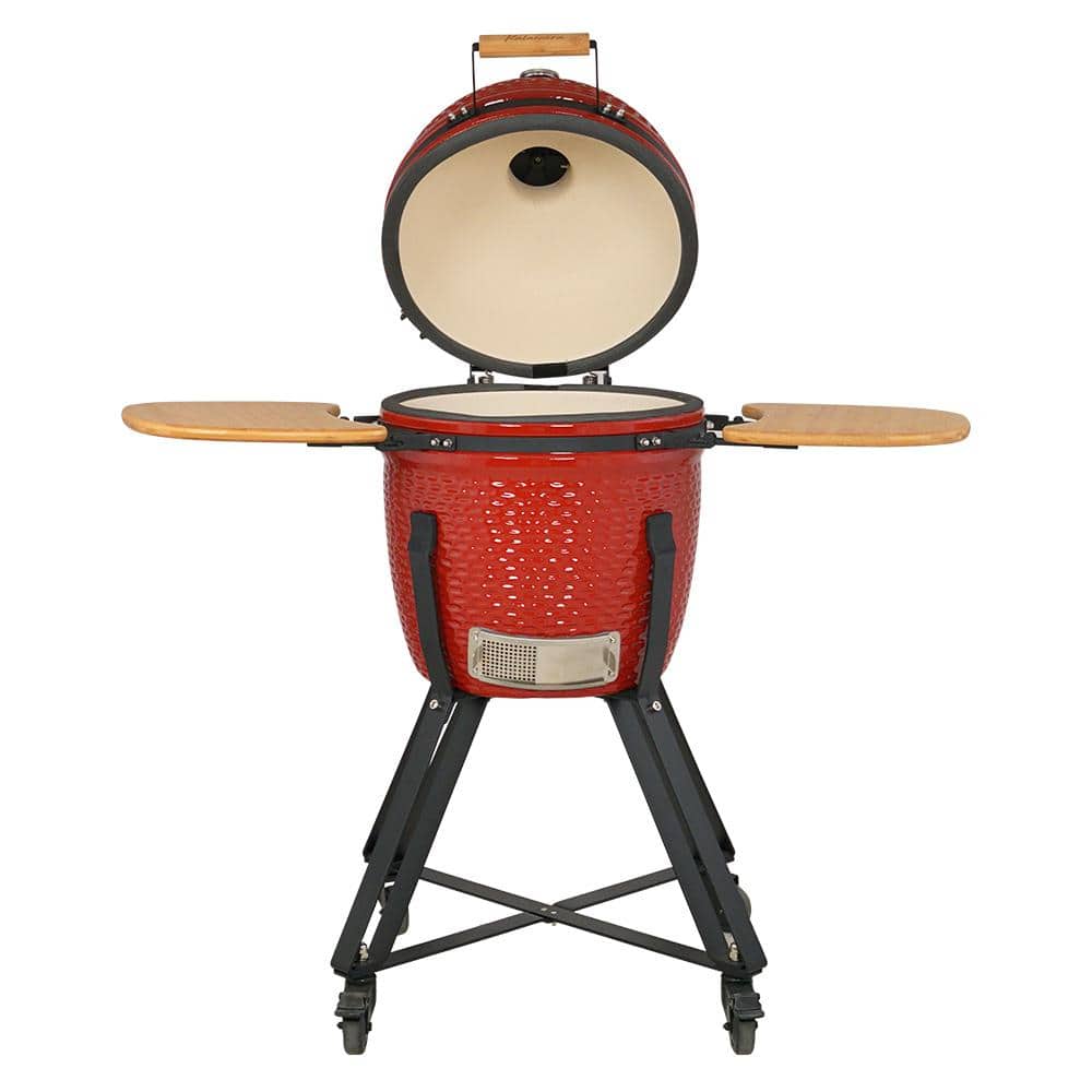 18" Red Ceramic Kamado Charcoal Grill with Folding Shelves