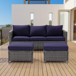 3-Piece Grey Rattan Patio Sofa Set Outdoor Furniture Set 3-Seat Sofa Ottomans With Cushions, Navy Blue