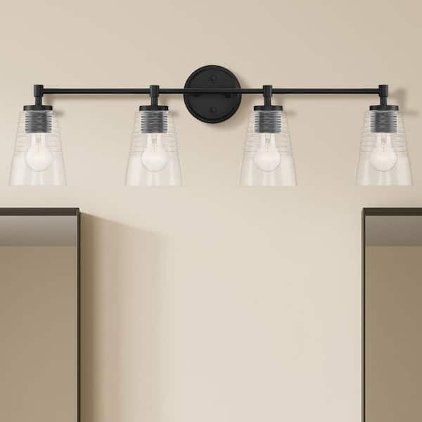 Ingo 33.5 in. 4-Light Matte Black Modern Vanity Light with Clear Ribbed Glass Shades