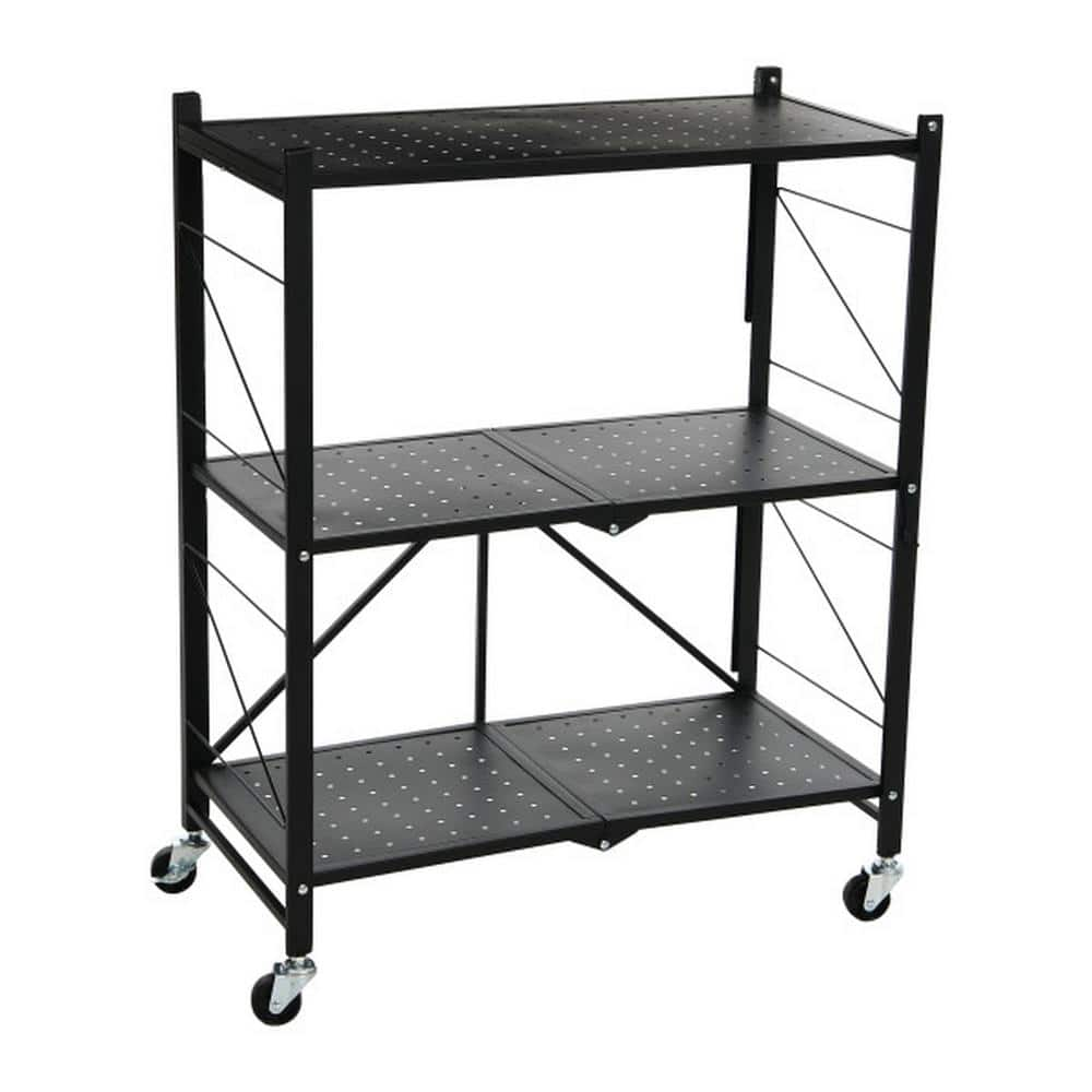 Amucolo Black Heavy Duty 3-Tier Foldable Metal Rack Storage Shelving Unit with Wheels(27.5 in. W x 31 in. H x 13.5 in. D)