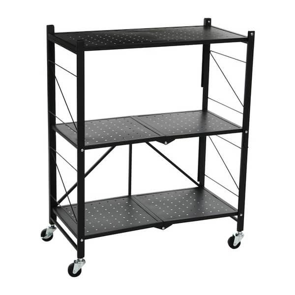 HOUSEHOLD ESSENTIALS Black Rolling 3-Tiers Foldable Metal Household ...