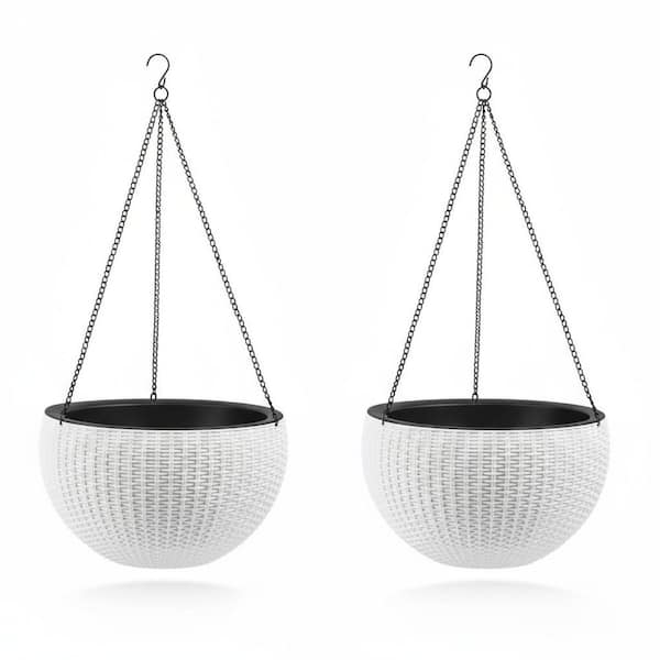 Large 13.4 in. Dia White Plastic Hanging Basket Rattan-Inspired Planter