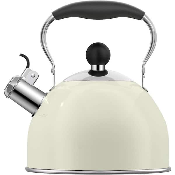 8-Cup White Stainless Steel Whistling Tea Kettle, Stovetop Teakettle Tea Pots with Folding Handle for Tea and Coffee