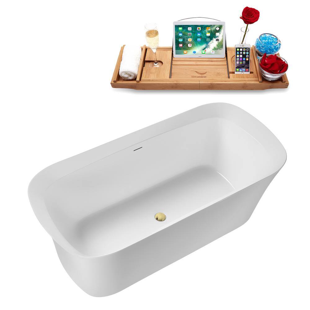 67" Glossy White Acrylic Freestanding Soaking Tub with Bamboo Tray