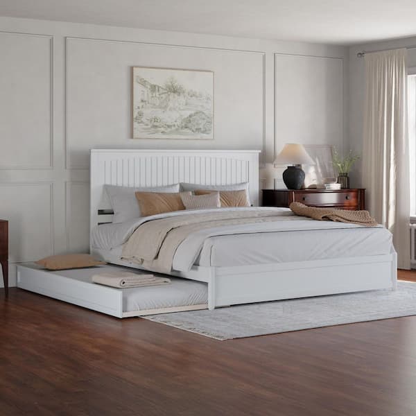 Malta White Solid Wood Frame King Platform Bed with Panel Footboard and Twin XL Trundle