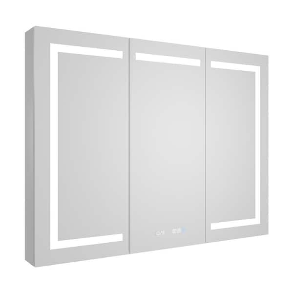 AZDHOME 48 in. W x 36 in. H Silver Aluminum Rectangular Recessed/Surface Mount LED Medicine Cabinet with Mirror and Clock