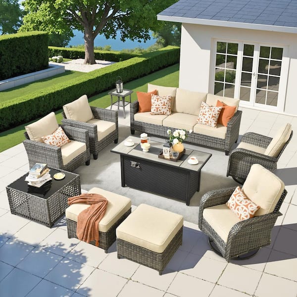 Scarlet 10-Piece Wicker Outdoor Fire Pit Patio Conversation Sofa Set with Swivel Chairs, a LED Table and Beige Cushions