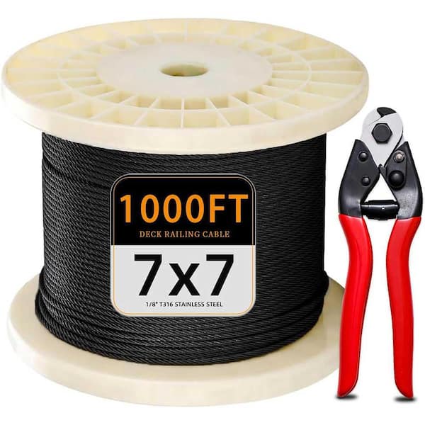 0.13 in. T316 1000 ft. Black Stainless Steel Cable 1/8 Inch Deck Wire Rope Strand, Marine Grade for Outdoor Stairs