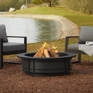 Leonard 41 in. W x 13 in. H Round Outdoor Powder Coated Steel Wood Burning Fire Pit in Gray with Protective Cover