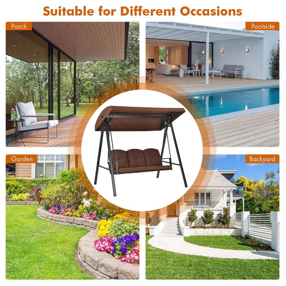 Brown Steel 3-Person Outdoor Swing with Adjustable Canopy