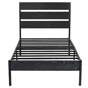 Twin Bed Frame ，Black Metal Frame Twin Platform Bed with Modern Wood Headboard, Easy Assembly/No-Slip/No Noise，40.9in.W