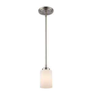 Mod Pod 1-Light Brushed Nickel Hanging Mini Pendant Light Fixture with Frosted Glass Cylinder Shade