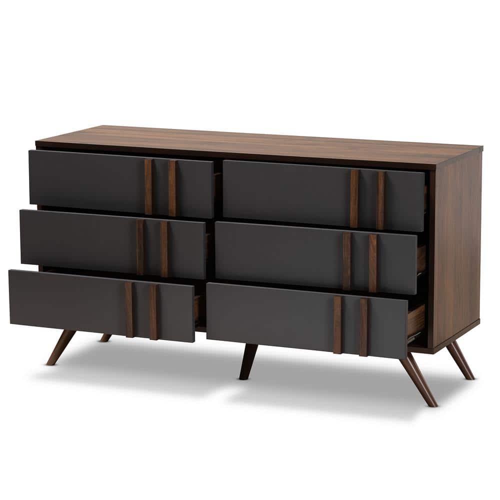 Naoki Two-Tone Gray and Walnut 6-Drawer Wood Dresser