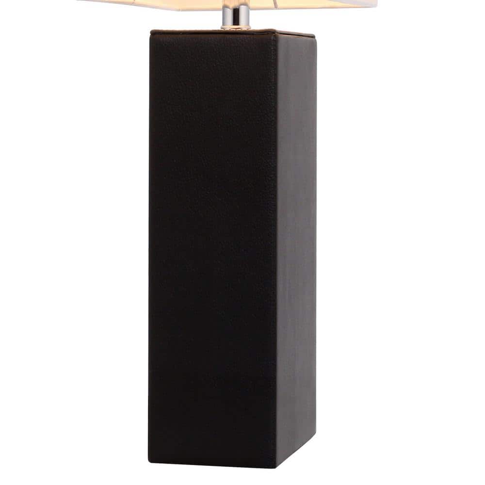Modern Black Leather Rectangular Table Lamp with White Fabric Shade