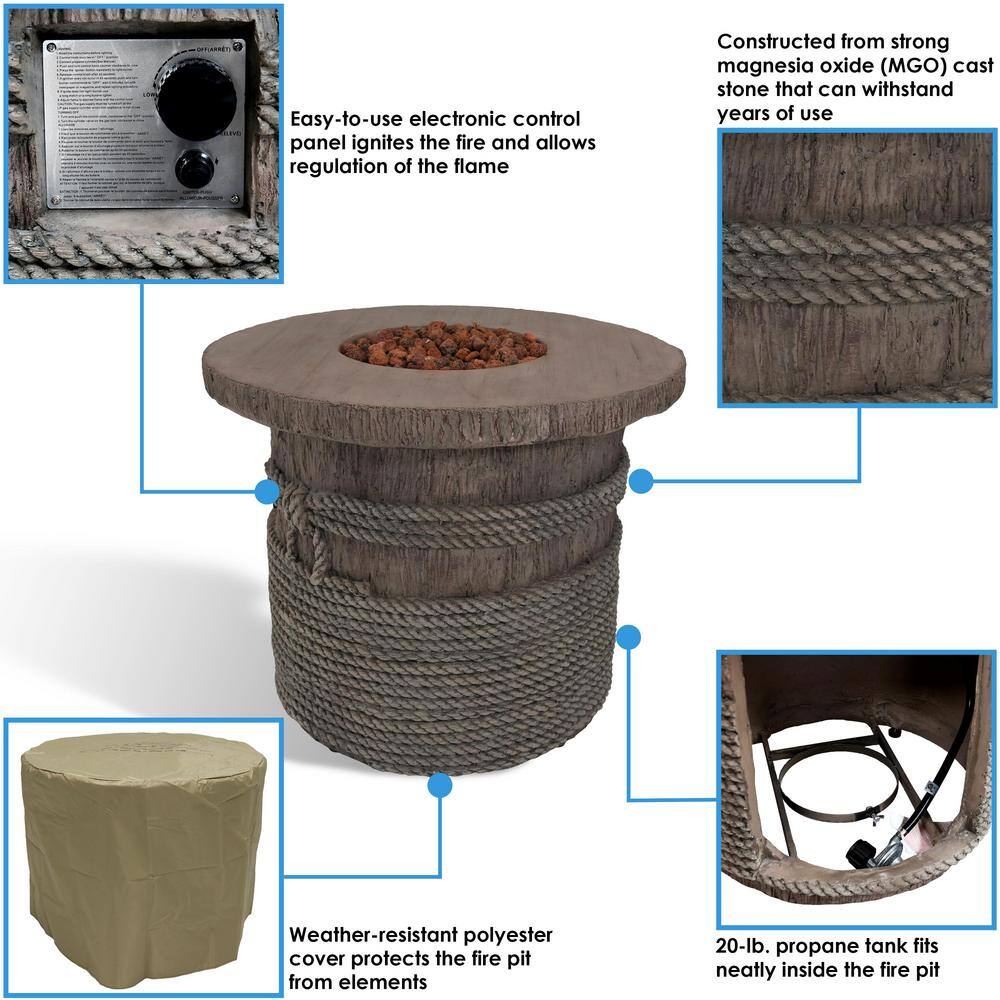 Light Brown Rope and Barrel Design Propane Gas Fire Pit Table