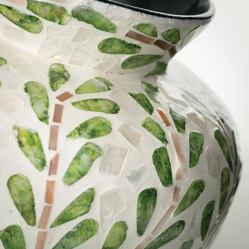 9.5" Green and Ivory Capiz Leaf Pattern Bouquet Vase