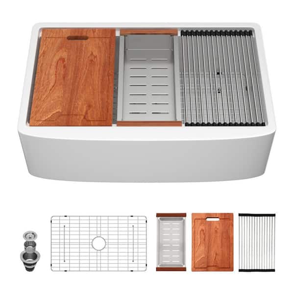 33 in. Farmhouse Apron Front Single Bowl Glossy Ceramic Undermount Workstation Kitchen Sink with Strainer