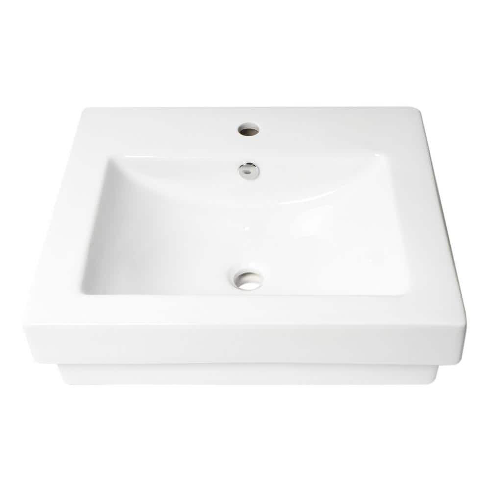 24" White Glossy Ceramic Rectangular Bathroom Sink with Faucet Hole