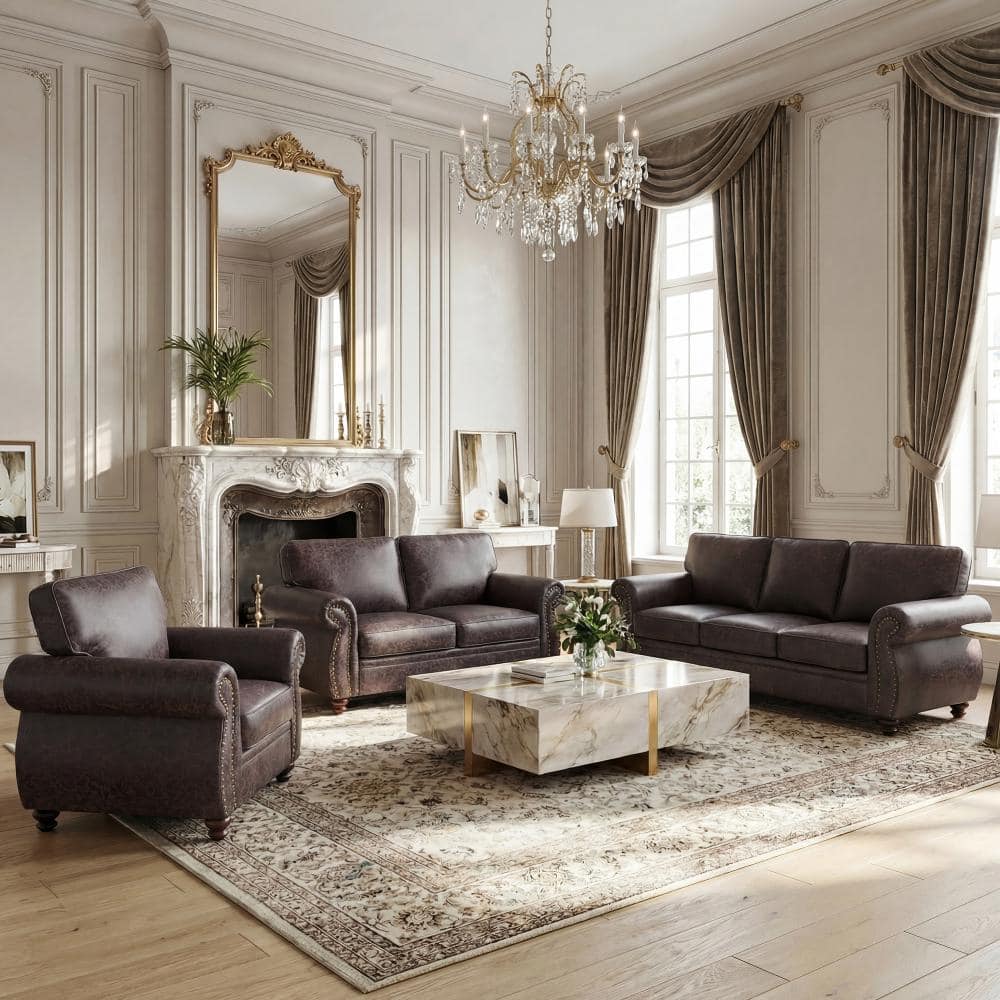 American Style 3-Piece Faux Leather Living Room Sofa Set with Rivet Trim, Accent Chair, Loveseat & 3-Seat Sofa, Brown