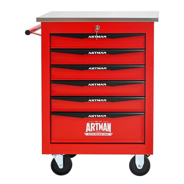 13.6 in. W 6-Drawer Rolling Metal Black and Red Tool Carts with Stainless Steel Roof and Steel Tool Storage Box