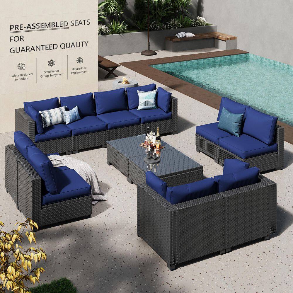 12-Piece Wicker Rattan Outdoor Patio Conversation Sectional Seating Set with Coffee Tables, Blue Cushion (10-Seats) price history on PriceWatchPro