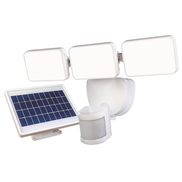 Defiant 180 Degree Integrated LED Motion Sensor Solar Powered White 3-Head Outdoor Flood Light