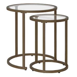 Camber Elite 20 in. W Bronze Round End Table with 14.5 in. W Nesting Table with Metal Frame and Tempered Glass