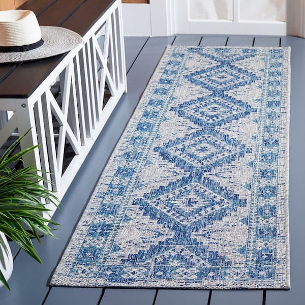 Courtyard Light Gray/Blue 2 ft. x 7 ft. Border Aztec Medallion Indoor/Outdoor Runner Rug
