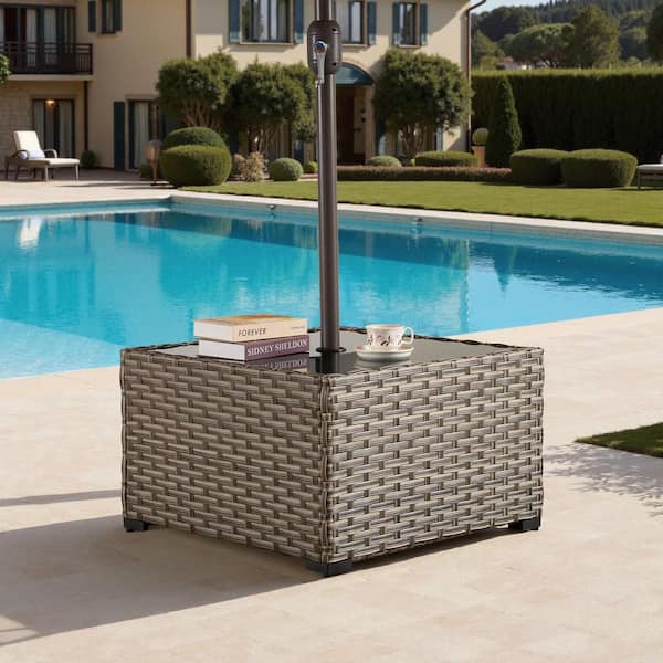 Pania PE Wicker Outdoor Coffee Table with Umbrella Hole, Tempered Glass Top